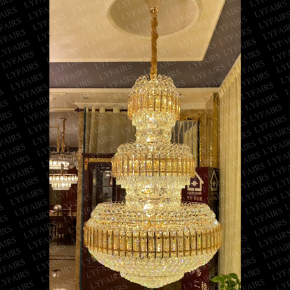 Golden Era Grand Cascade Amber&Clear Crystal Chandelier for High-ceiling