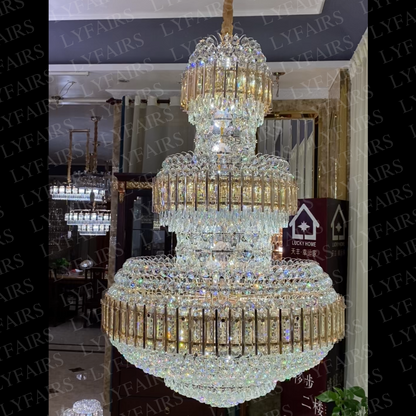 Golden Era Grand Cascade Amber&Clear Crystal Chandelier for High-ceiling