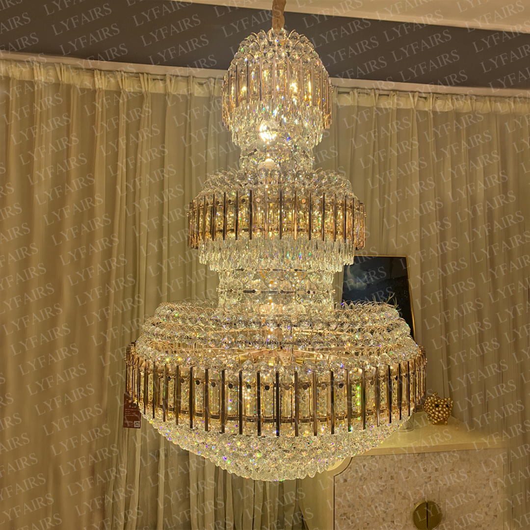 Golden Era Grand Cascade Amber&Clear Crystal Chandelier for High-ceiling