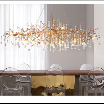 JC Arcadia Clear Teardrop Oval Dining Branch Chandelier, Brass Branch Chandelier