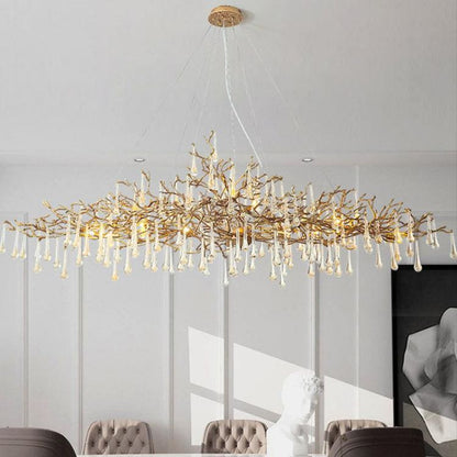 JC Arcadia Clear Teardrop Oval Dining Branch Chandelier, Brass Branch Chandelier