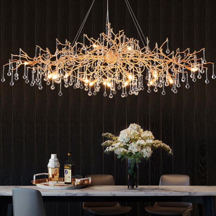 JC Arcadia Clear Teardrop Oval Dining Branch Chandelier, Brass Branch Chandelier