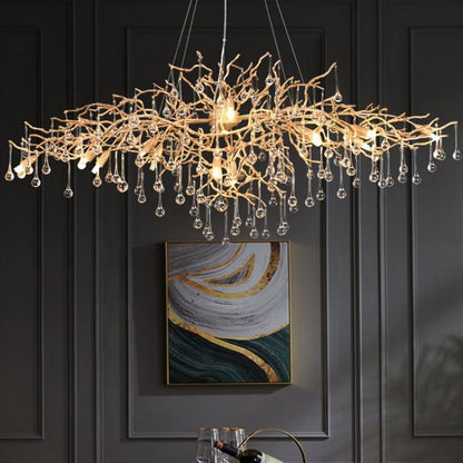 JC Arcadia Clear Teardrop Oval Dining Branch Chandelier, Brass Branch Chandelier
