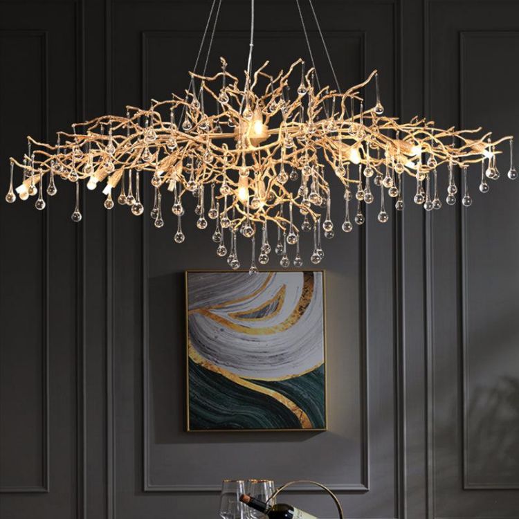 JC Arcadia Clear Teardrop Oval Dining Branch Chandelier, Brass Branch Chandelier