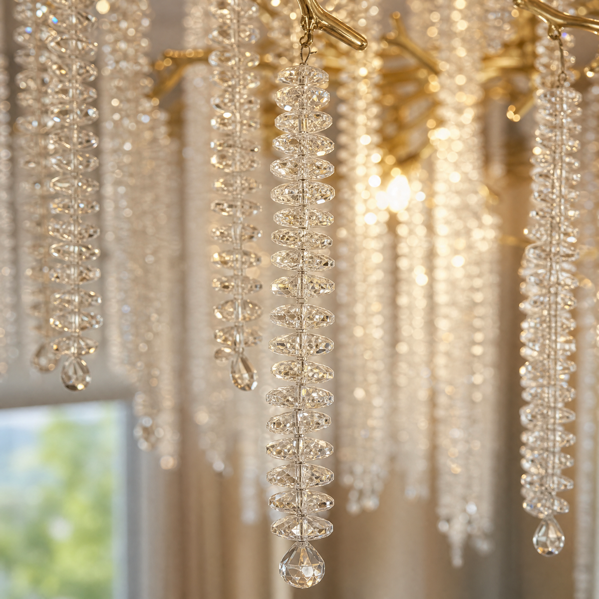 Gold Branch Chandelier with Cascading Crystal Raindrop Strands