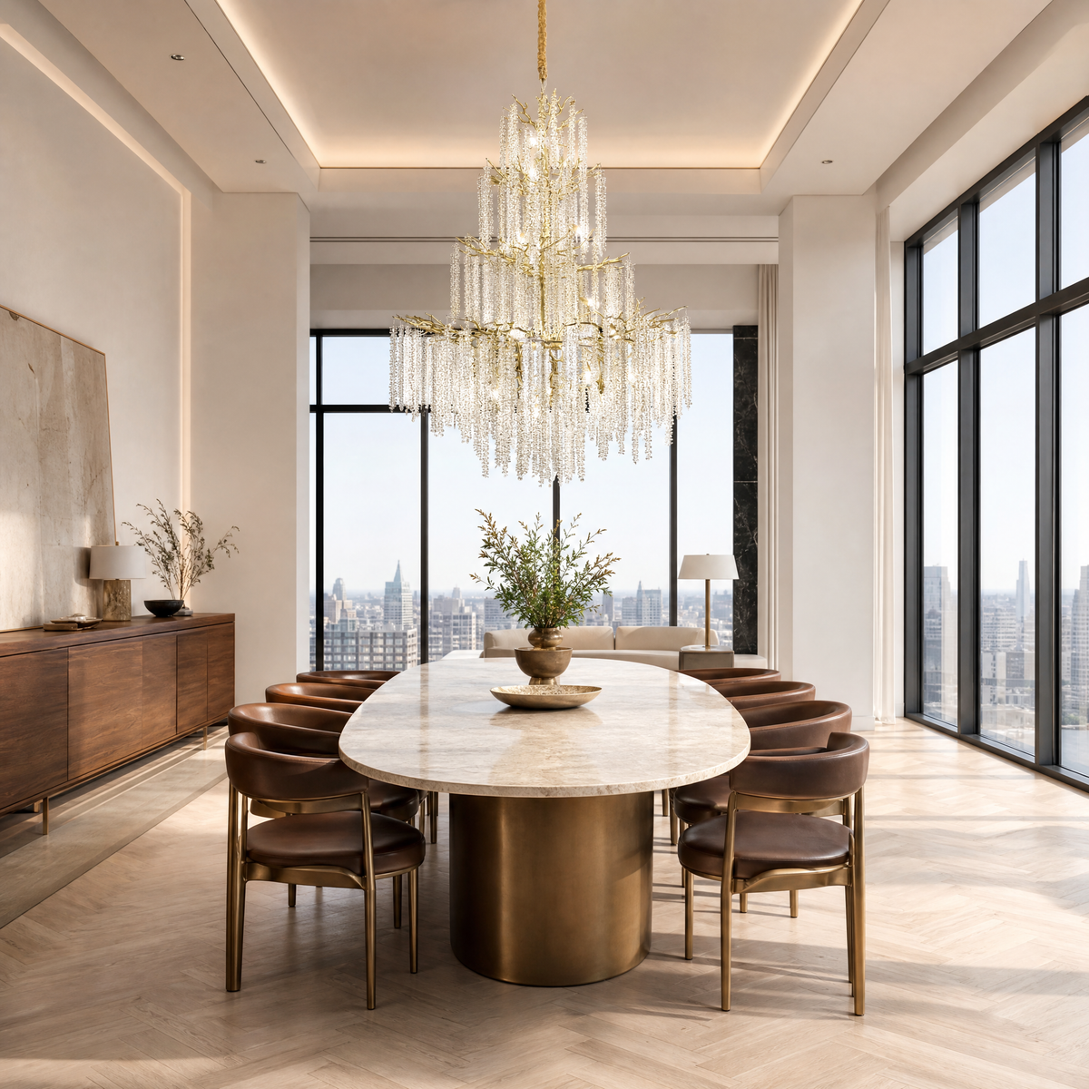 Gold Branch Chandelier with Cascading Crystal Raindrop Strands