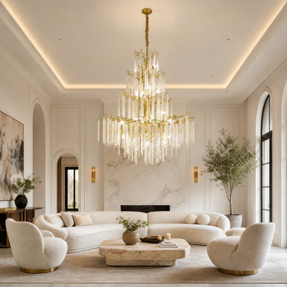 Tiered Gold Branch Chandelier with Cascading Crystal Droplets