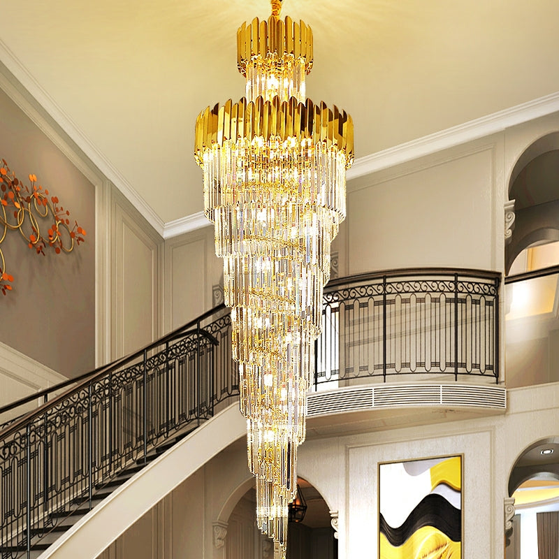 Luxury Gold Trimmed Long Crystal Chandelier Foyer Staircase Extra Large Ceiling Light Fixture