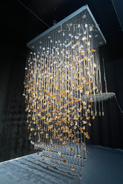 Modern Waterfall Glass Gem Stone&Teardrop Chandelier With Rectangle Canopy for Villa/Hotel/Entryway/Living Room