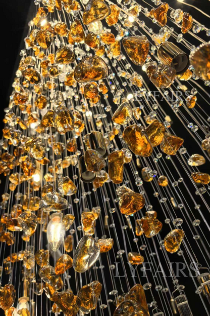 Modern Waterfall Glass Gem Stone&Teardrop Chandelier With Rectangle Canopy for Villa/Hotel/Entryway/Living Room