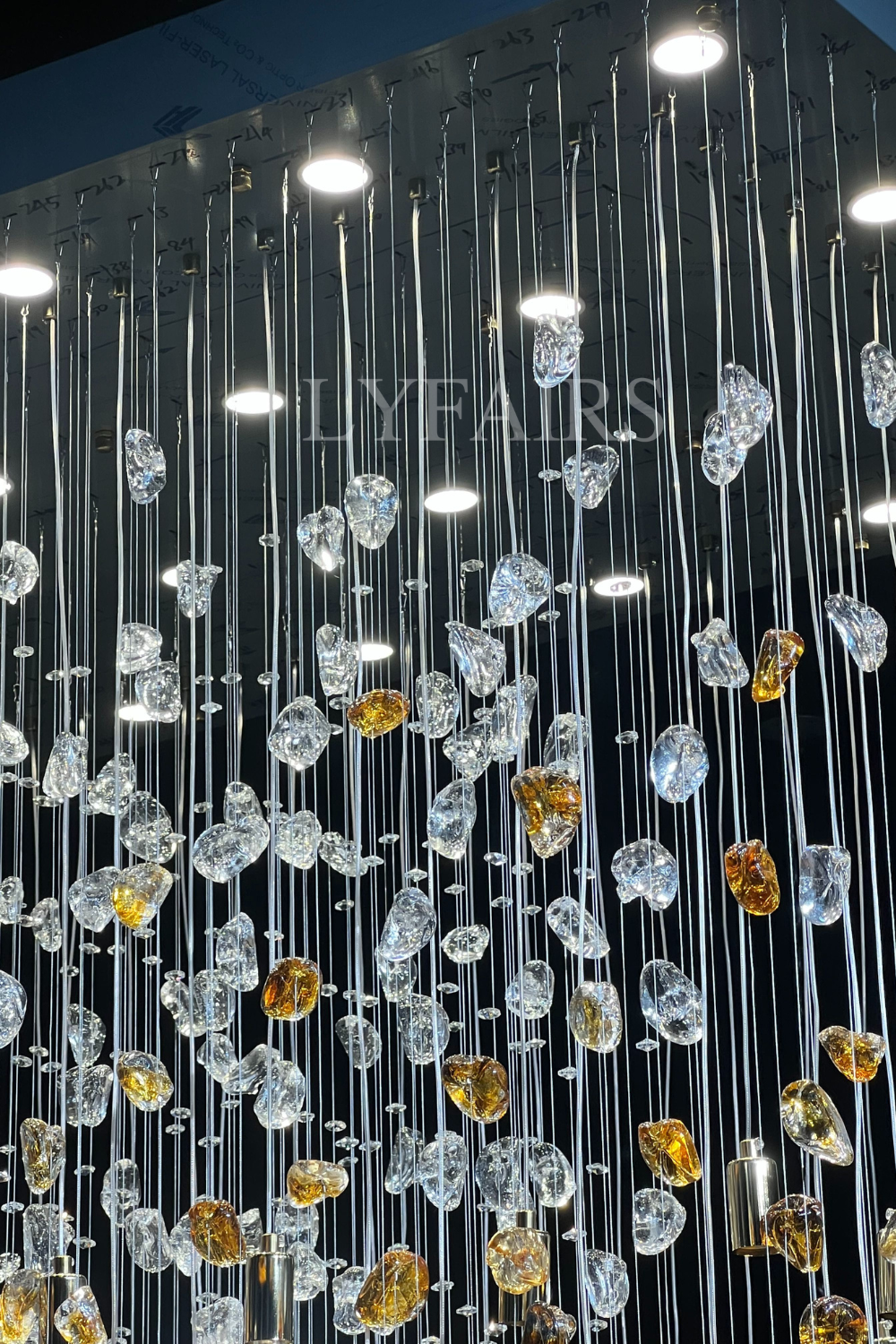 Modern Waterfall Glass Gem Stone&Teardrop Chandelier With Rectangle Canopy for Villa/Hotel/Entryway/Living Room