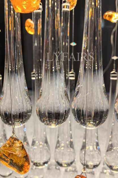 Modern Waterfall Glass Gem Stone&Teardrop Chandelier With Rectangle Canopy for Villa/Hotel/Entryway/Living Room