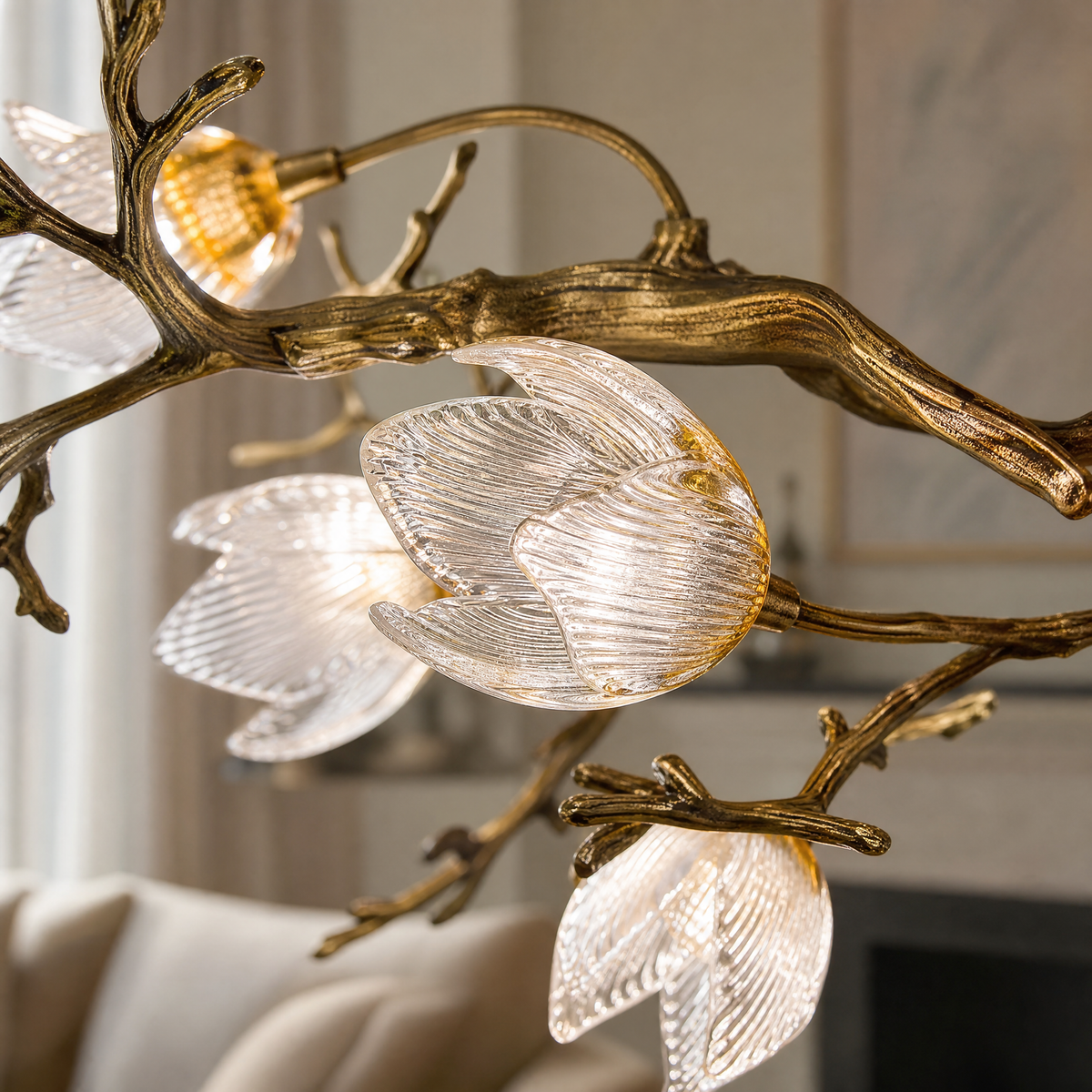 Antique Brass Metal and Frosted Glass Magnolia Branch Chandelier