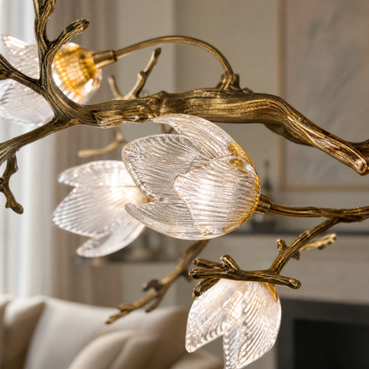 Antique Brass Metal and Frosted Glass Magnolia Branch Chandelier