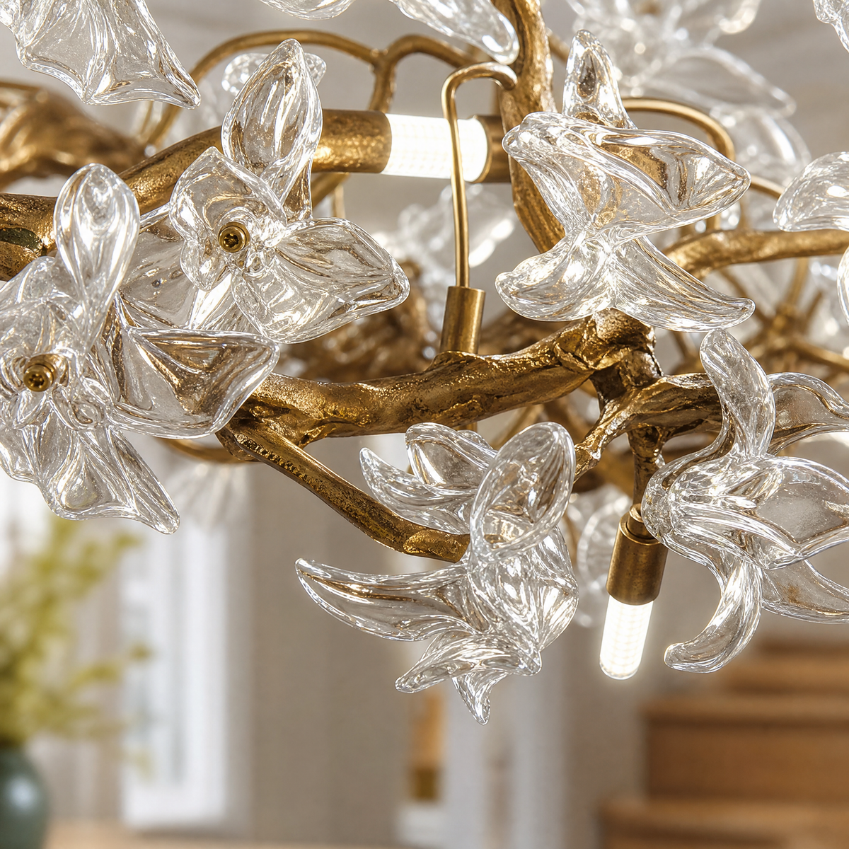 Glass Blossom Branch Chandelier in Antique Brass