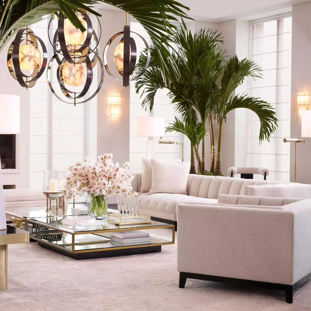Pearl Alabaster Chandelier with Rotatable Bronze & Gold Rings