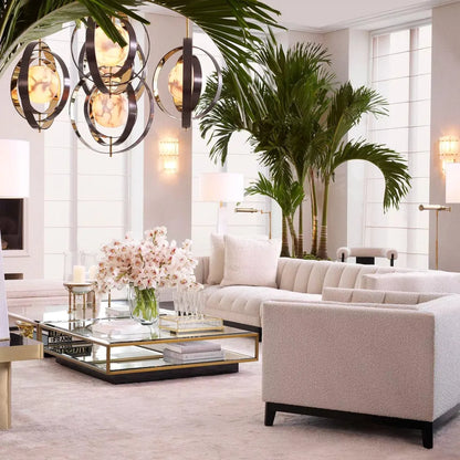 Pearl Alabaster Chandelier with Rotatable Bronze & Gold Rings