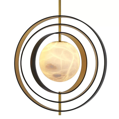 Pearl Alabaster Chandelier with Rotatable Bronze & Gold Rings