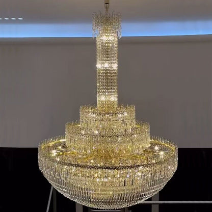 Luxury Oversized Gold European Crystal Chandelier 3-tiered Medium-length for Foyer/Staircase/Hallway/Entrway