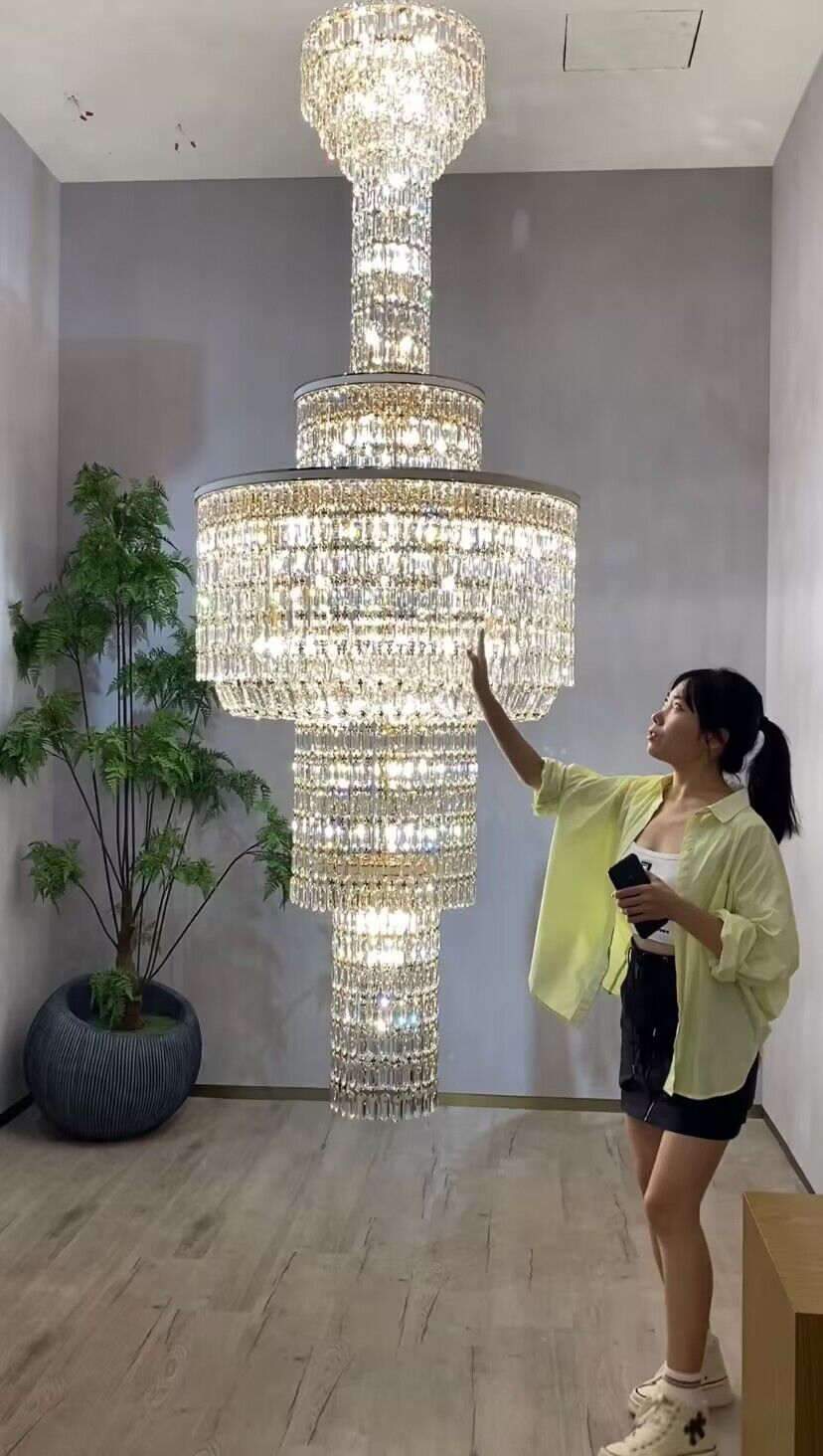 Extra Large Muti-tiered Round Crystal Chandelier with White Leather for High-ceiling