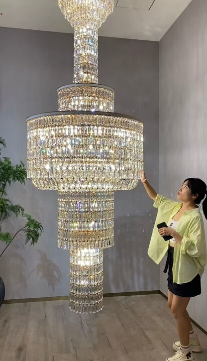 Extra Large Muti-tiered Round Crystal Chandelier with White Leather for High-ceiling
