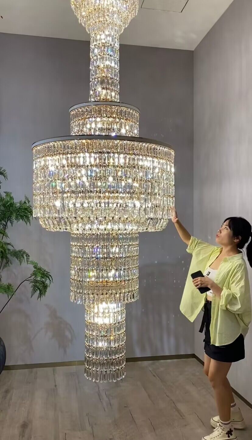 Extra Large Muti-tiered Round Crystal Chandelier with White Leather for High-ceiling