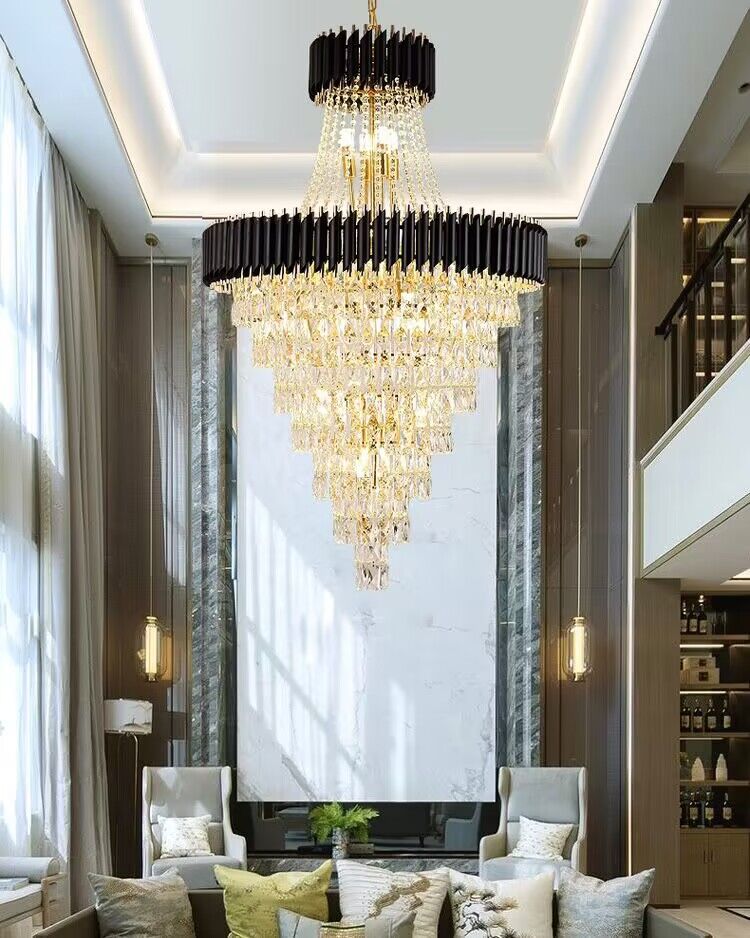 Extra Large Modern Multi-layers Gold/Black Light Luxury Crystal Chandelier For 2-Story Living Room,Foyer