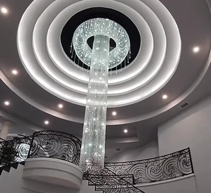 Extra Large Flush Mount Silver Waterfall Luxury Ceiling Crystal Chandelier for High-ceiling Living Room/Duplex Hall