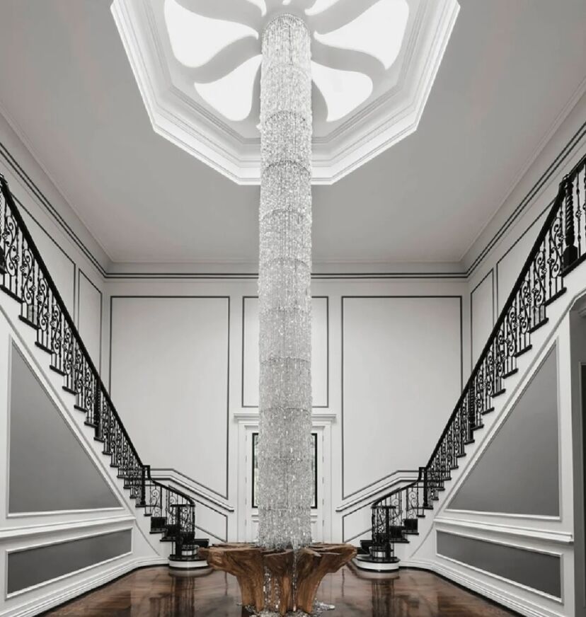 Oversized Art Designer Silver Crystal Long Ceiling Column Waterfall Chandelier