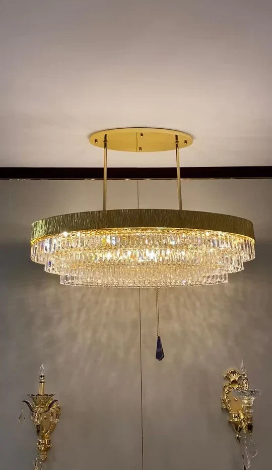 gold chandelier,oval round ,crystal, shining, tiered,delicate, living room, bedroom, dining room,light luxury ,golden, modern, new,set, ceiling