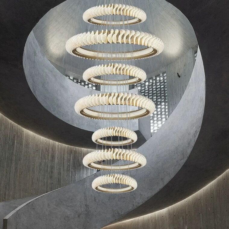 Extra Large Round Acrylic and Stainless Steel Multi-Layer Chandelier for High Ceilings