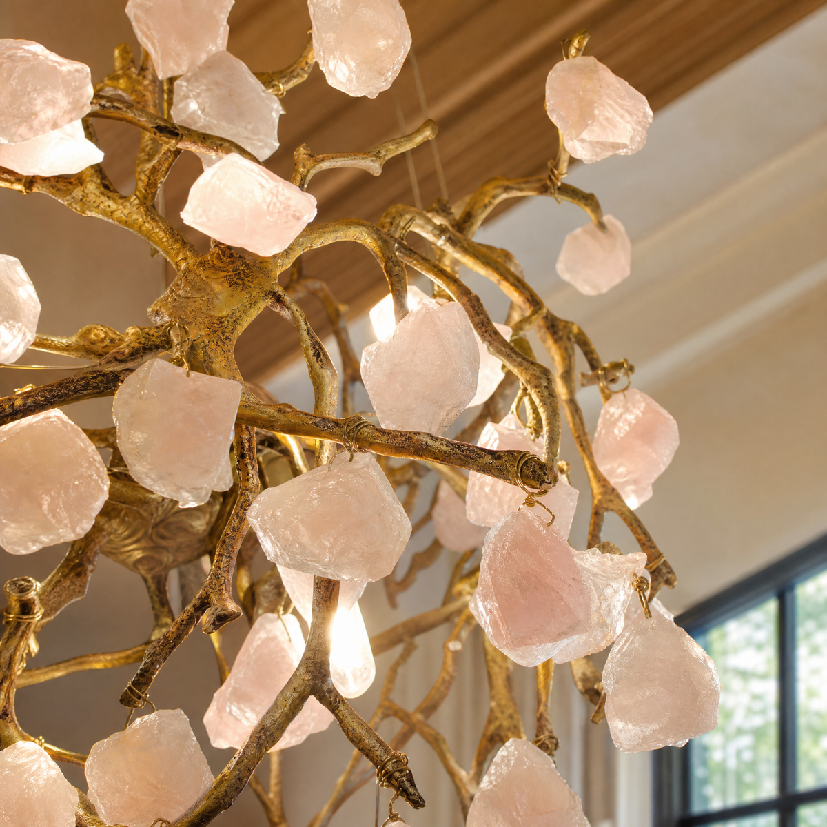 Rose Quartz Branching Crystal Chandelier in Warm Brass