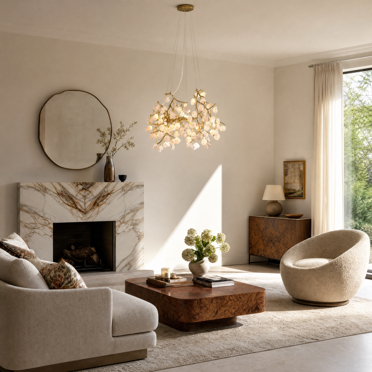 Rose Quartz Branching Crystal Chandelier in Warm Brass
