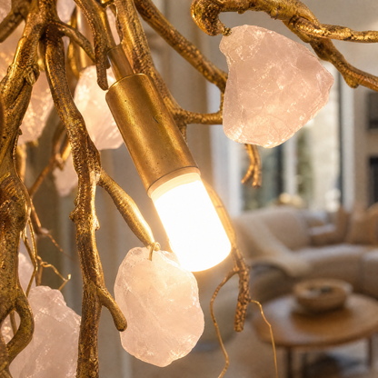Rose Quartz Crystal Branch Chandelier in Textured Gold