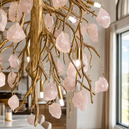 Rose Quartz Crystal Branch Chandelier in Textured Gold