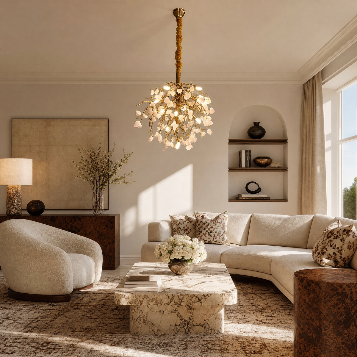 Rose Quartz Crystal Branch Chandelier in Textured Gold