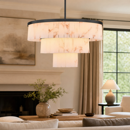 34.3" 3-Tier Alabaster Round Chandelier - Black