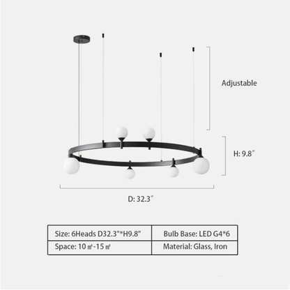 Round: 6Heads D32.3"*H9.8" chandelier,chandeliers,glass,white,iron,black,rings,round,circle,6 heads,8 heads,ceiling,living room,dining room,dining table,long table,kitchen island,kitchen bar,dining bar