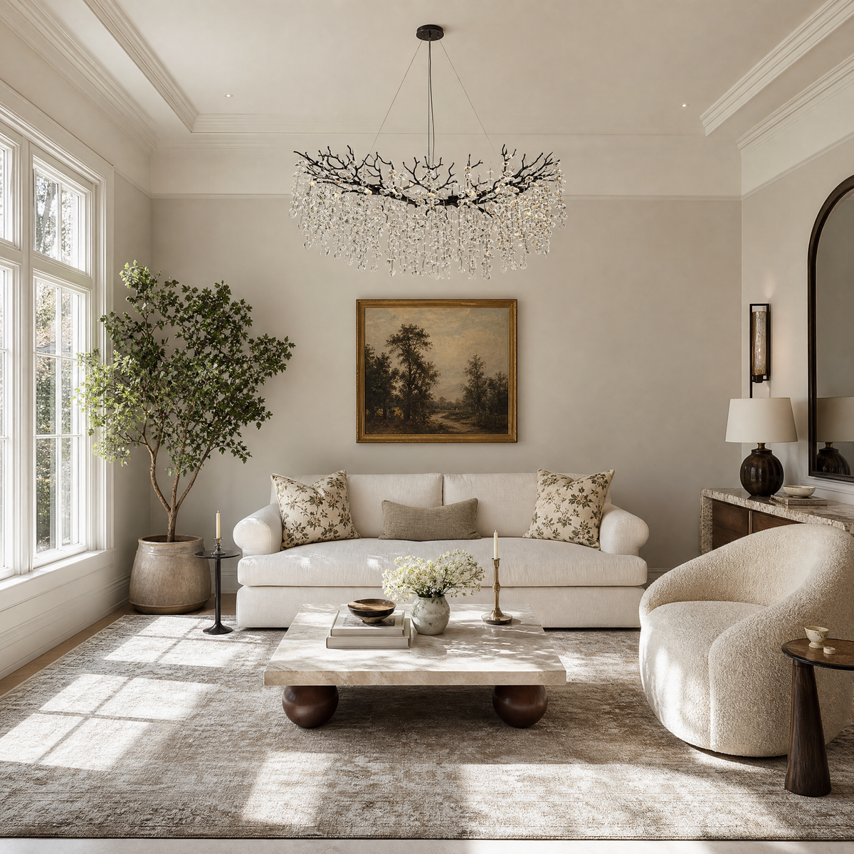 Matte Black Metal and Crystal Branch Chandelier