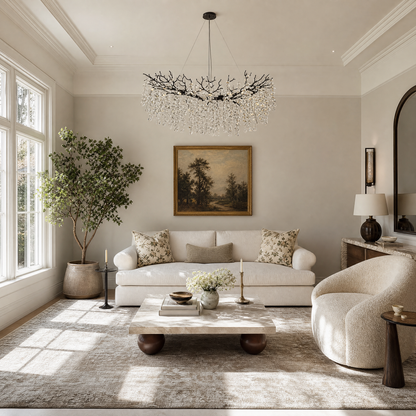Matte Black Metal and Crystal Branch Chandelier