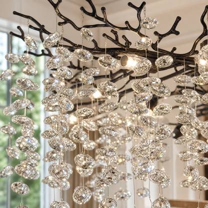 Matte Black Metal and Crystal Branch Chandelier