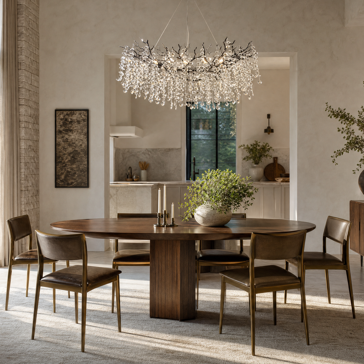 Matte Black Metal and Crystal Branch Chandelier
