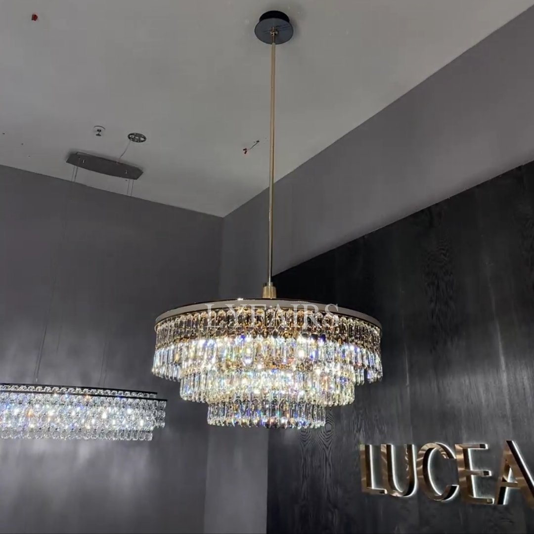Modern Multi-tier Round Crystal Chandelier with White Leather for Foyer/Living Room/Staircase