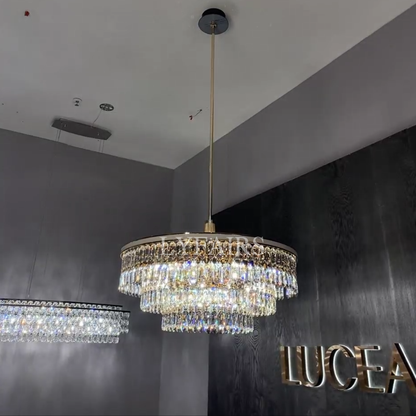 Modern Multi-tier Round Crystal Chandelier with White Leather for Foyer/Living Room/Staircase