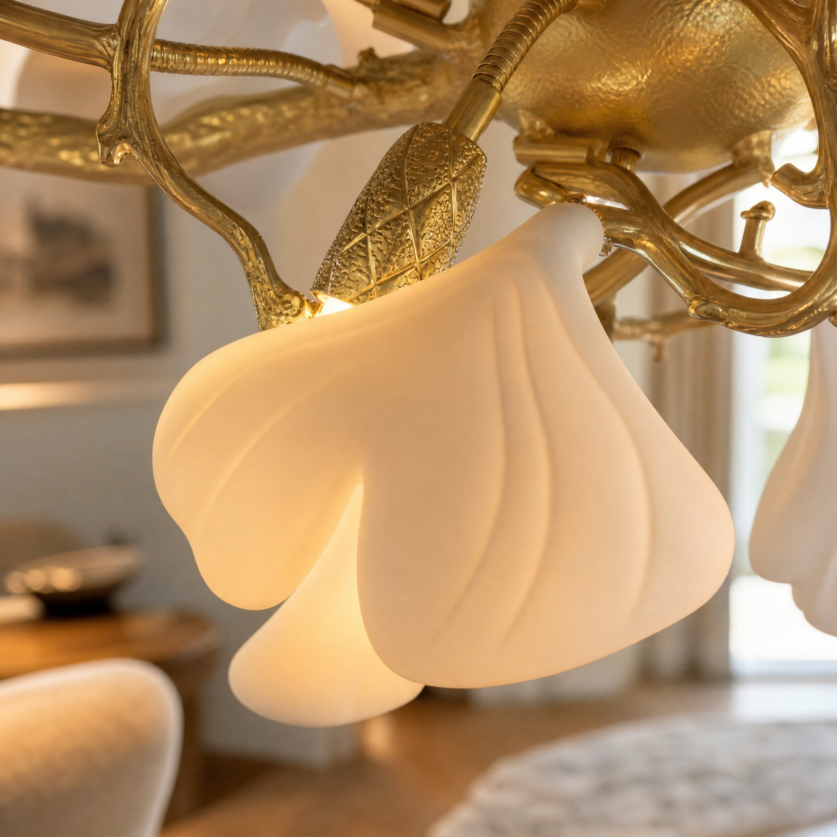 Gold Metal and White Floral Branch LED Chandelier