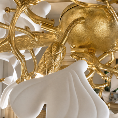 Gold Metal and White Floral Branch LED Chandelier