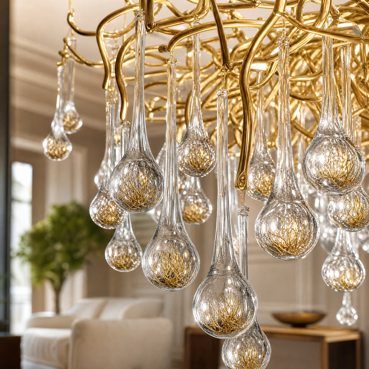 Gold Metal and Clear Crystal Teardrop Waterfall Chandelier