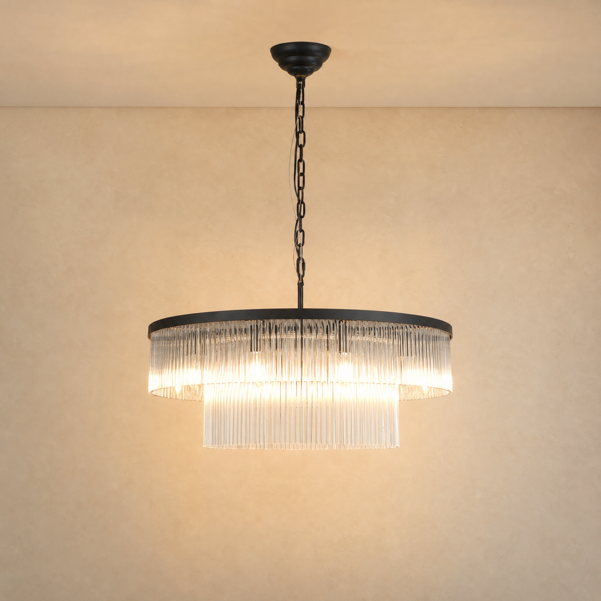 Two-Tier Striped Column Round Pendant D800 - Black