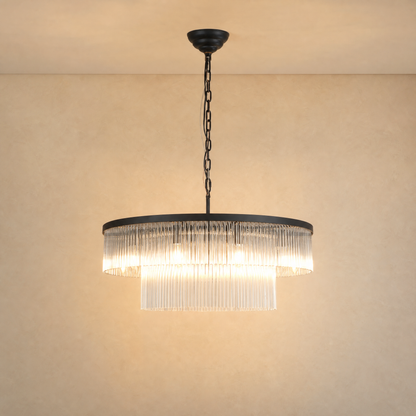 Two-Tier Striped Column Round Pendant D800 - Black
