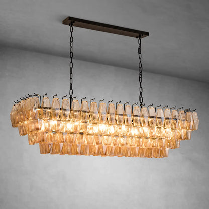 Gold Rectangular 54" 12-Light Smoke Glass Modern Dining Chandelier